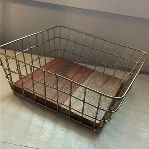 Elegant Gold Wire Basket with Wooden Base